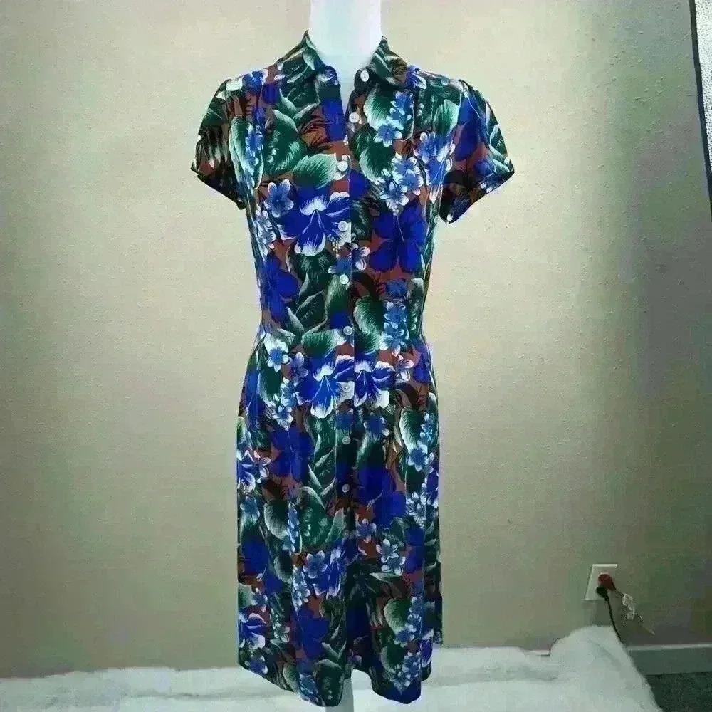 🔥J. Crew Blue Floral Mid  Length Button Up  Women's XXS Tropical  50s Feel DC1